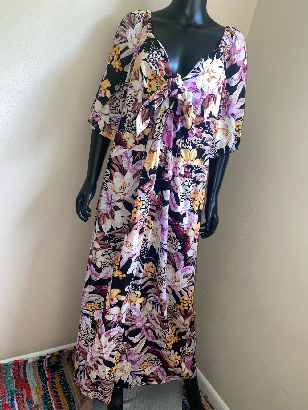 City Chic Black Maxi Dress with Lavender & Gold Floral Print NWTs
